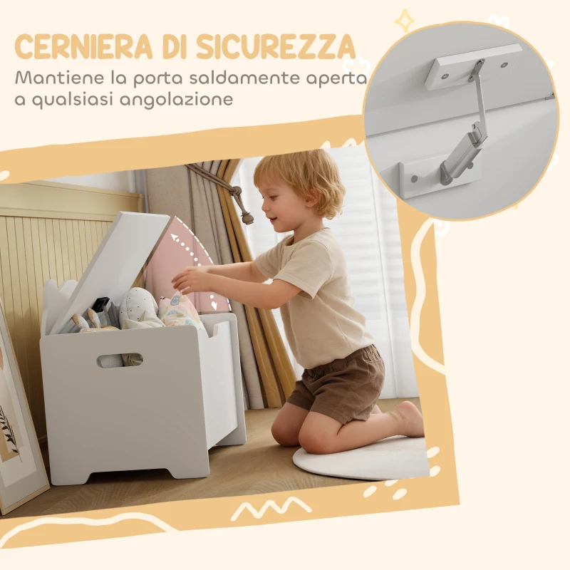 AIYAPLAY Baule Portagiochi in Legno a Forma di Orso e Capacità 20 kg 60x38x48 cm, Bianco