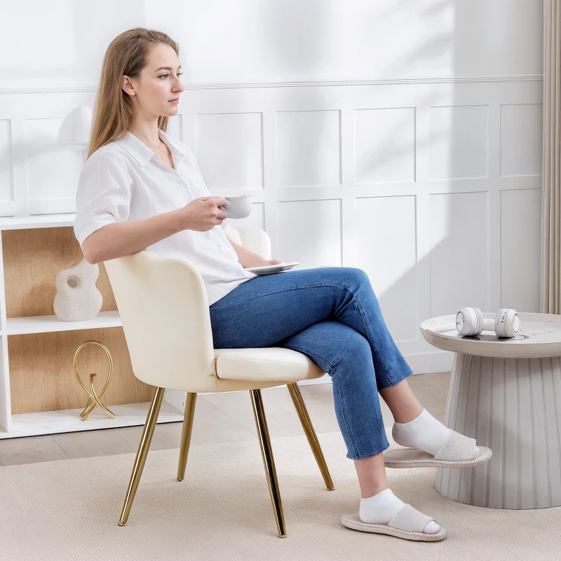 HOMCOM Fauteuil coquillage chaise coiffeuse fauteuil en velours fauteuil de salon avec pieds en métal doré beige