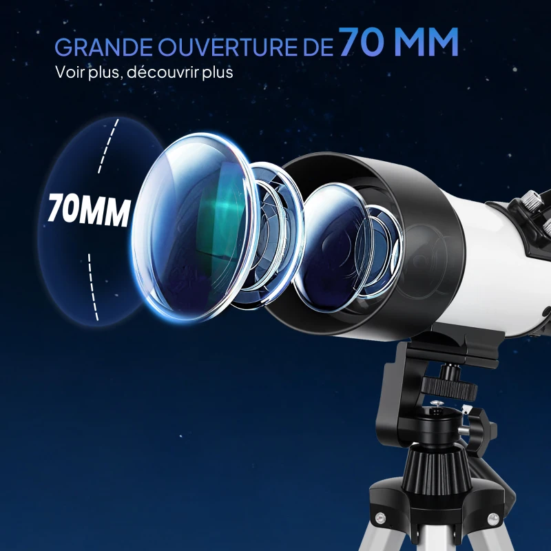 Outsunny Télescope astronomique adultes et débutants 70 mm, télescope réfracteur 40X/16X trépied réglable, 80 x 80 x 135 cm blanc
