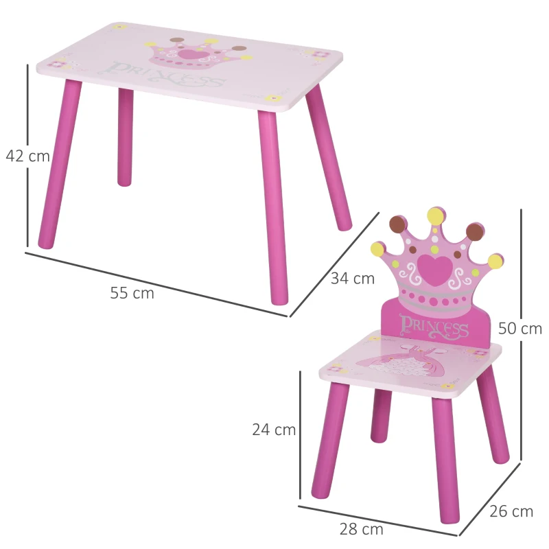 HOMCOM 3 Pcs Kids and Table Chair Set Princess & Crown Theme Home Furniture Pretty Gift Pink