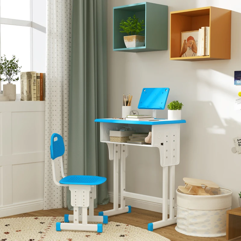 HOMCOM Bureau et chaise pour enfant avec support de lecture casier crochet et porte stylo 60 x 45x 90-102 cm bleu
