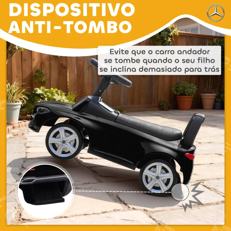 AIYAPLAY Carro Andador para Crianças Mercedes-Benz Classe C com Buzina Volante Sons de Motor e Espaço de Armazenamento 65x28x39 cm Preto
