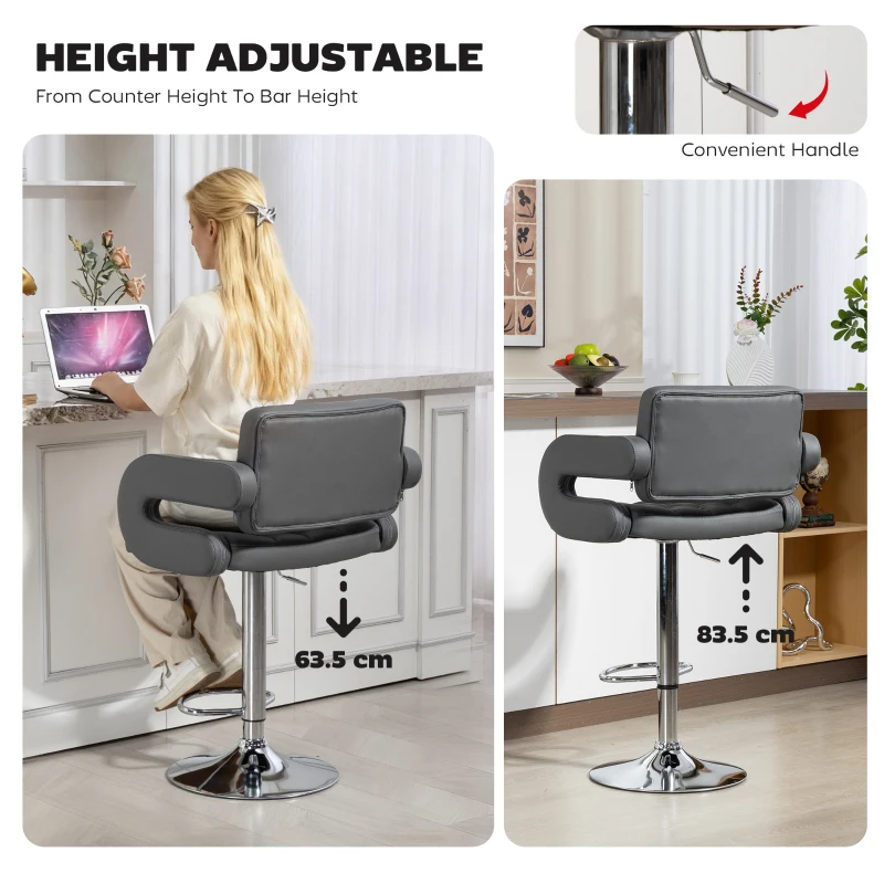HOMCOM PU Leather Upholstered Swivel Bar Stool, Height Adjustable with Back, Armrest, Footrest, Grey