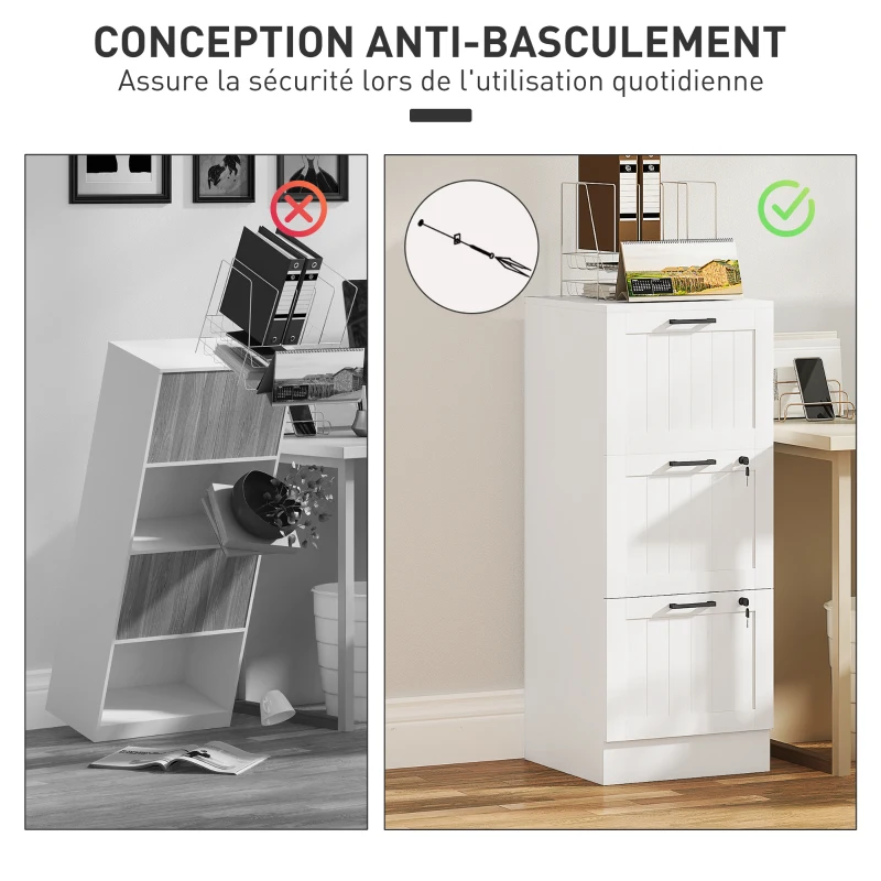 HOMCOM Caisson bureau, meuble rangement bois 3 tiroirs et serrure, barres de suspension réglables, 40 x 40 x 101 cm, blanc