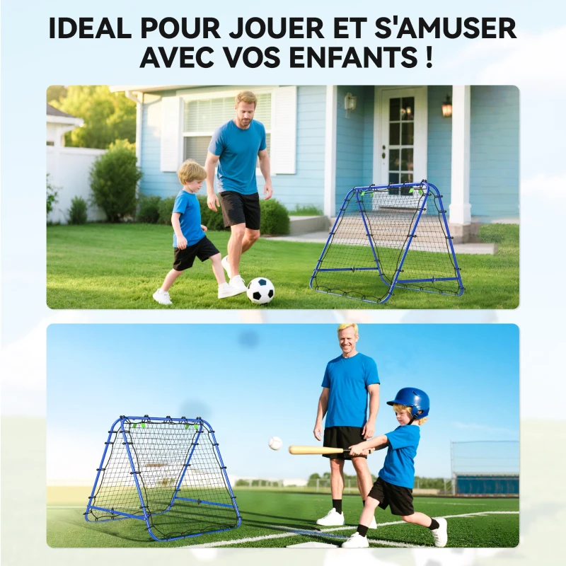 HOMCOM Filet de rebond double face 91 x 91 cm filet de rebond football pliable réglable dans 5 angles structure en acier bleu