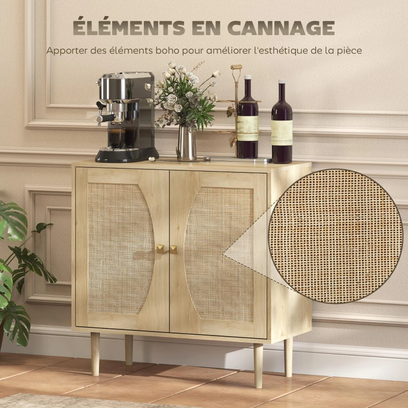 HOMCOM Buffet de cuisine meuble de rangement double portes avec 2 niveaux, façade en cannage 80 x 38 x 79 cm effet bois naturel