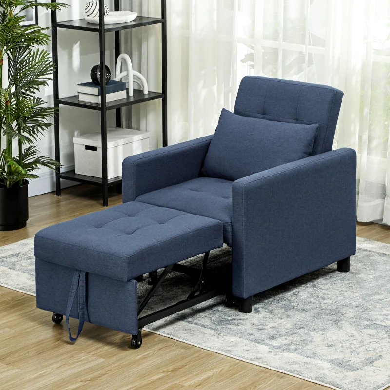 HOMCOM Fauteuil convertible 1 place avec dossier inclinable à 3 positions, coussin, siège rembourré et accoudoirs, bleu