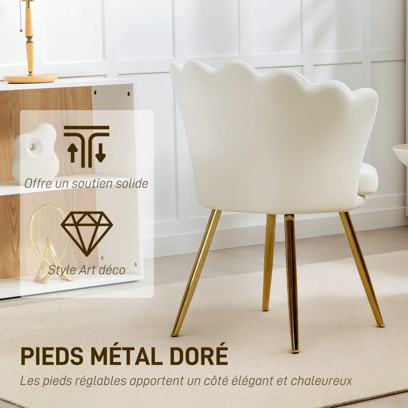 HOMCOM Fauteuil coquillage chaise coiffeuse fauteuil en velours fauteuil de salon avec pieds en métal doré beige
