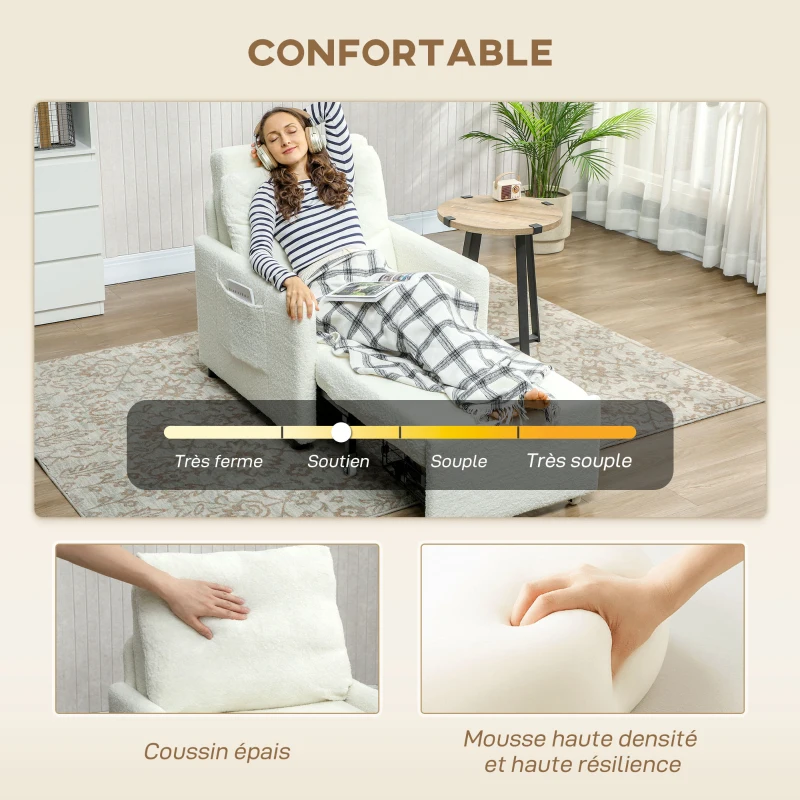 HOMCOM Fauteuil convertible 1 place, fauteuil-lit avec rangement caché, assise large et rembourrée, 72 x 85,5 x 91 cm, crème(m-6)