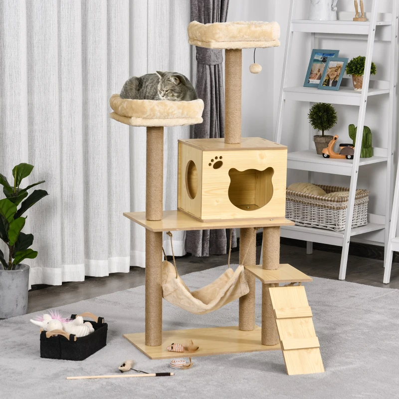 PawHut Arbre à chats design contemporain griffoirs grattoirs sisal naturel niche plate-formes hamac boule panneaux particules beige