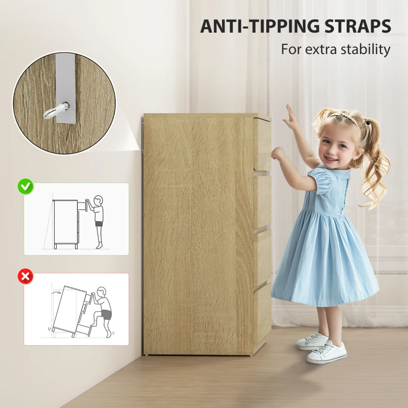 HOMCOM Comodă cu 4 Sertare, Dulap Înalt pentru Dormitor, Comodă cu Sertare cu Ghidaje Metalice și Mânere Scanalate, Alb