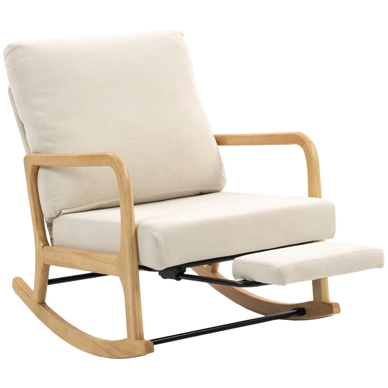 HOMCOM Silla Mecedora Nórdica con Reposapiés Respaldo Ajustable Mecedora de Pana Patas de Madera y Reposabrazos Cojín Crema