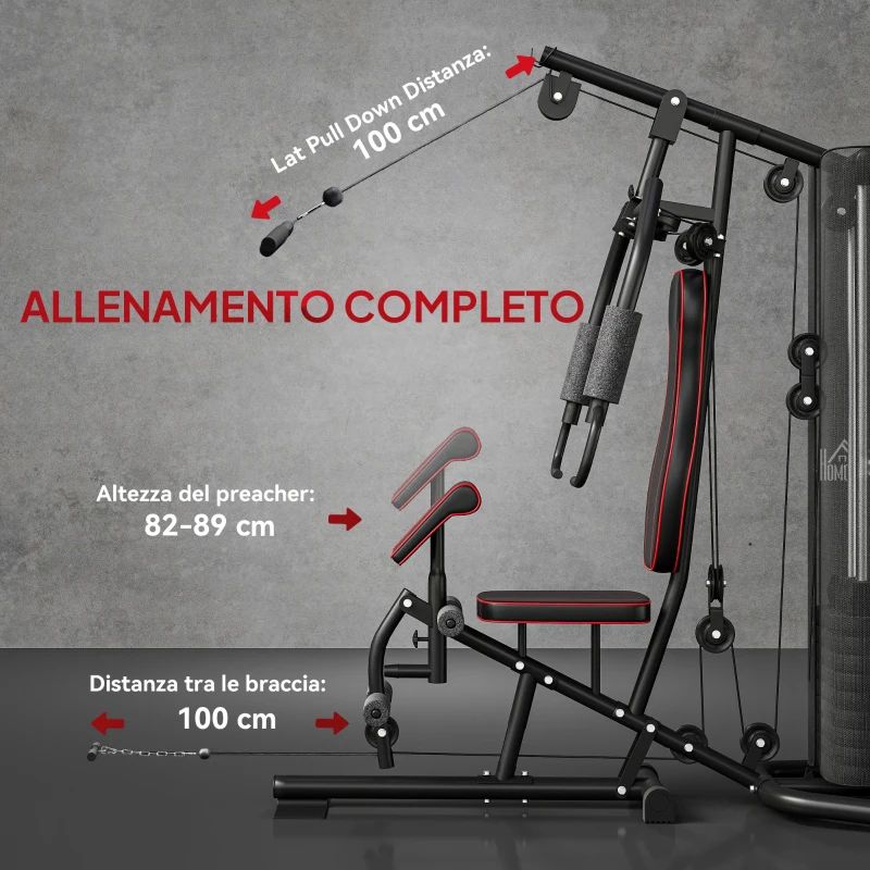 HOMCOM Stazione Fitness con Pesi da 45kg in Acciaio per Allenamento a Casa, 170x104x205cm, Nero