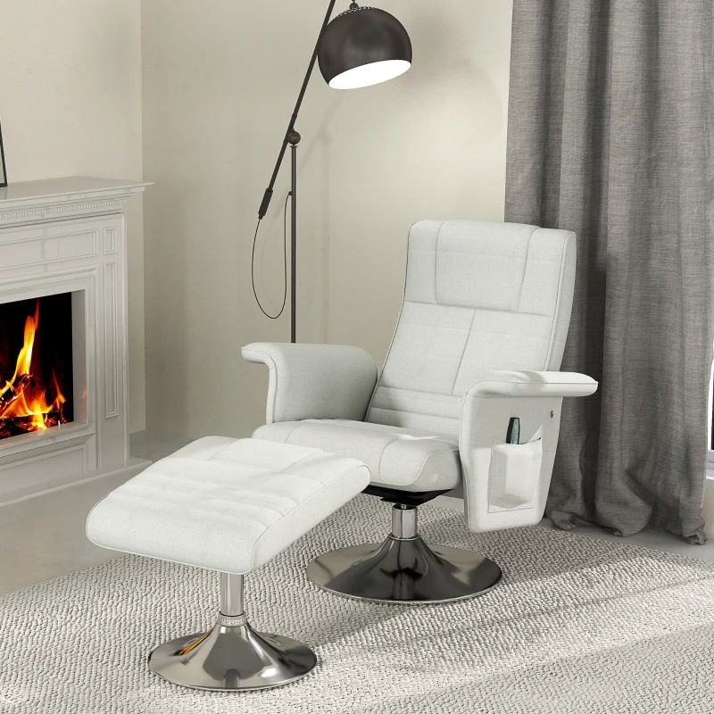 HOMCOM Fauteuil relax massant avec pouf, fauteuil TV avec dossier inclinable siège pivotant à 360° 78 x 95 x 88 cm crème