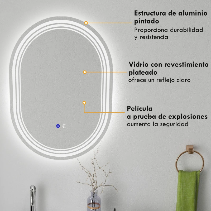 kleankin Espejo Baño con Luz 70x50 cm 3 Colores de Luz, Función Antivaho, Función de Memoria, IP44, Horizontal/Vertical