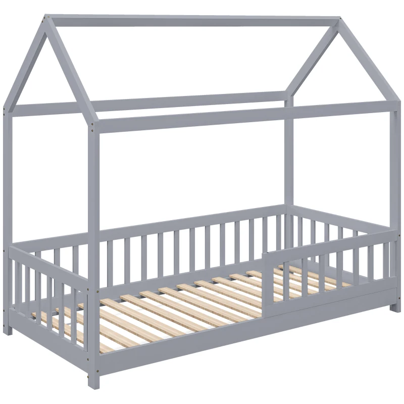HOMCOM House-Shaped Kids Bed Frame with Guard Rails, Solid Pine Wood Single Bed Frame for Kids Boys and Girls, Grey