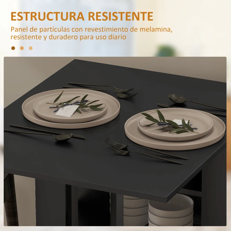 HOMCOM Mesa de Cocina Plegable con Alas Abatibles 2 Ruedas y Estantes Estilo Moderno 120x60x75 cm Negro
