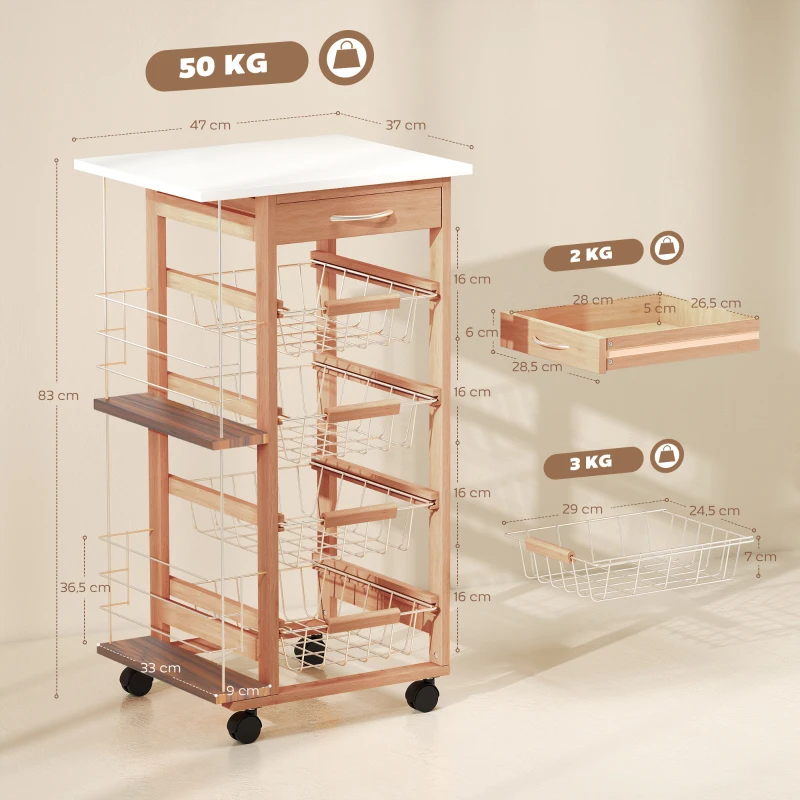 HOMCOM Desserte cuisine à roulettes avec tiroir, 4 paniers et étagères latérales, 47 x 37 x 83 cm, blanc et marron