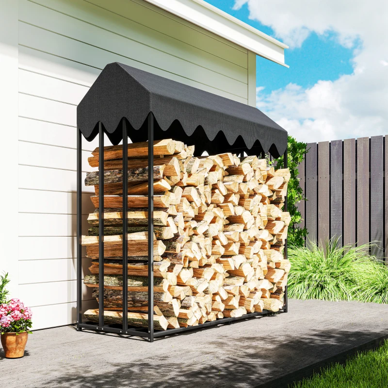 Outsunny Leñero Exterior Metálico de Chimenea Soporte para Leña con Cubierta Impermeable Carga 300 kg 186x70x185 cm Negro