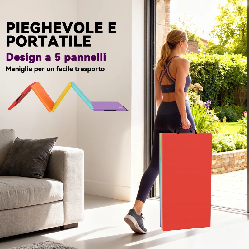 HOMCOM Tappetino Fitness per Palestra e Casa, 5 Pannelli Pieghevoli, 195x76x3cm