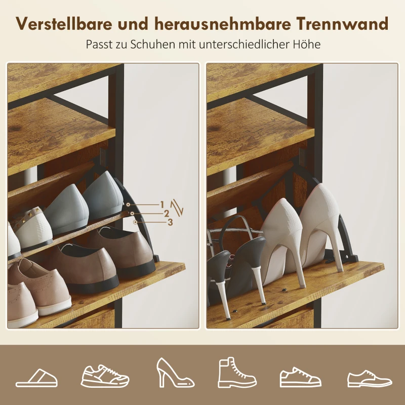 HOMCOM Schuhschrank mit 4 klappbaren Schubladen, schmales Design, offenes Regal, für 12-20 Paar Schuhe, Stahl, Braun