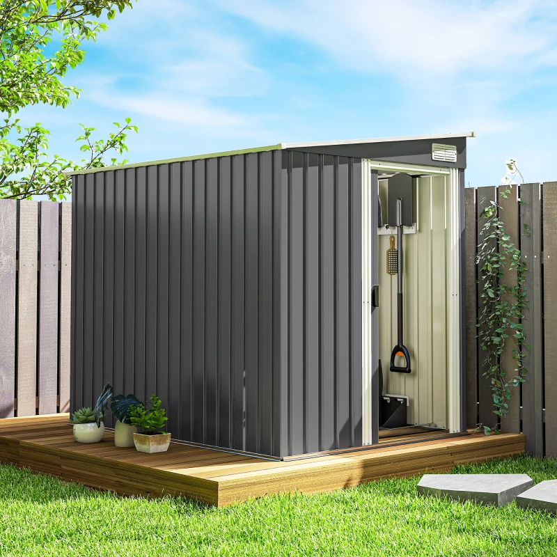 Outsunny Abri de jardin 2,81 m² avec fondation, abri à outils extérieur adossé en acier galvanisé, 154x206,5x181cm, gris foncé