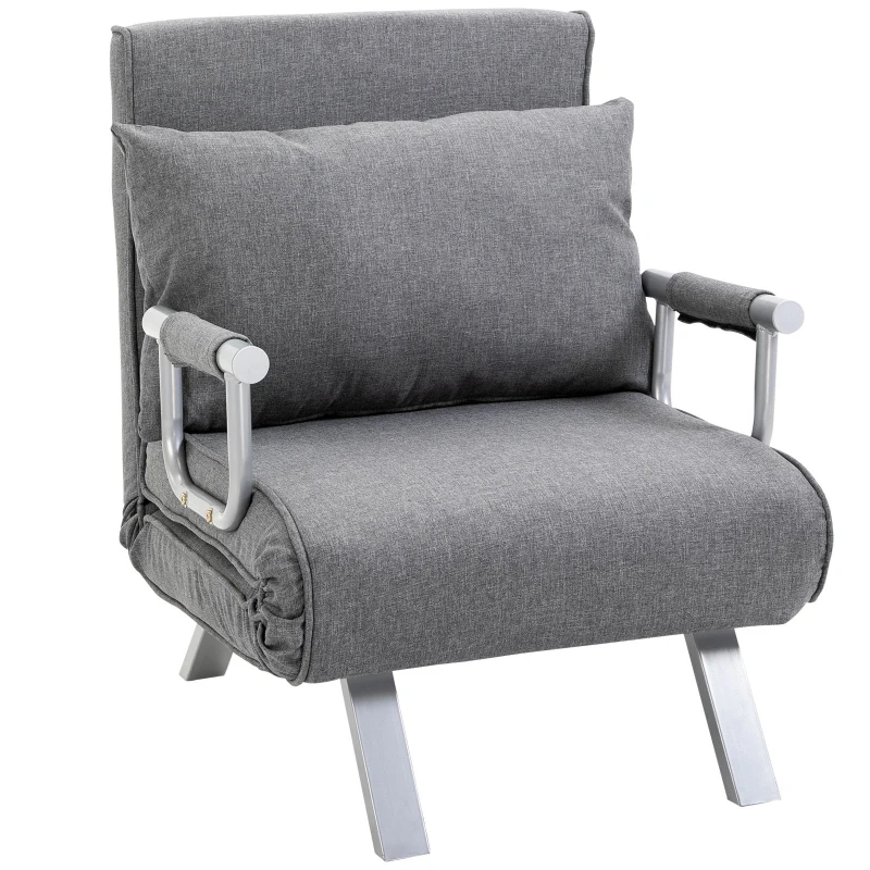 HOMCOM Fauteuil chauffeuse canapé-lit Convertible 1 Place déhoussable Grand Confort Coussin Pieds accoudoirs métal Lin Gris Clair
