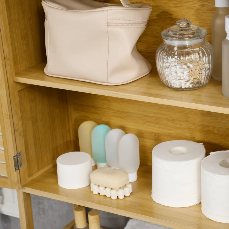 kleankin Étagère de toilettes meuble de salle de bain dessus toilette WC avec placard 2 portes et étagère ouverte 60 x 23 x 173 cm bambou