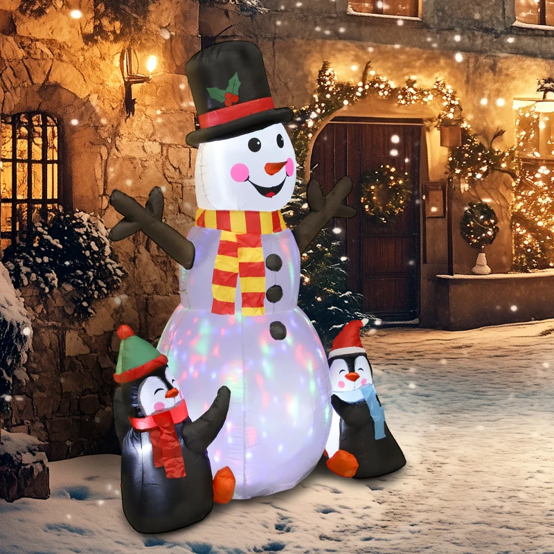 Outsunny Bonhomme de neige et pingouins gonflable de Noël de 180 cm avec lumières LED, décoration de Noël intérieur et extérieur
