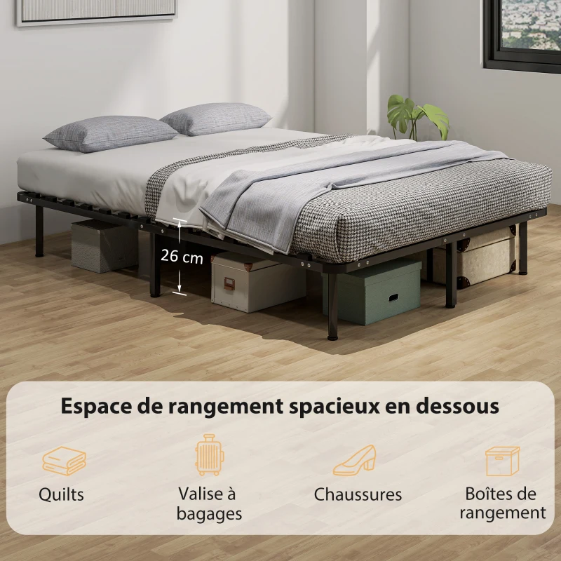 HOMCOM Cadre de lit 140 x 190 cm, lit 2 personnes en bois massif avec sommier à lattes et pied, rangement au-dessous, noir