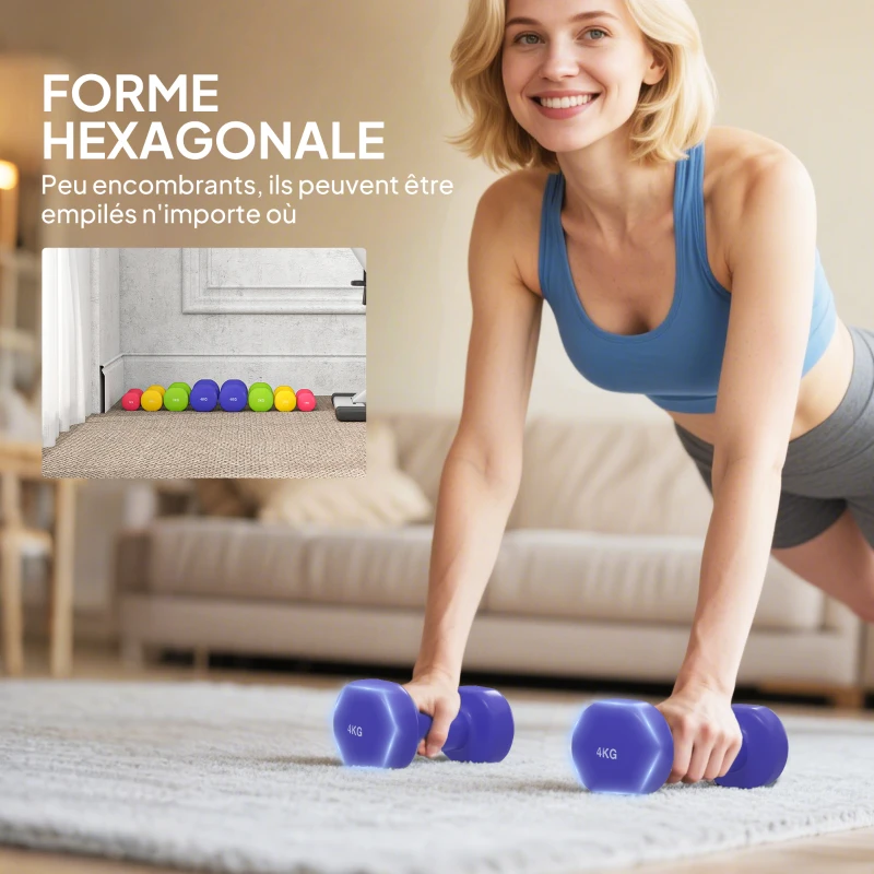 HOMCOM Ensemble d'haltères hexagonaux total 20 kg lot de 8 haltères courts de gym avec revêtement en polyuréthane multicolore