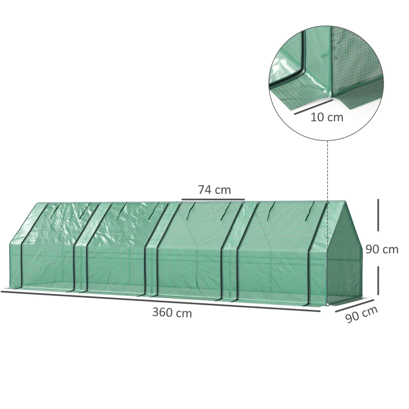 Outsunny Mini Garden Greenhouse with 4 Roll-Up Doors and Extended Cover, Steel & PE, 360x90x90 cm, Green