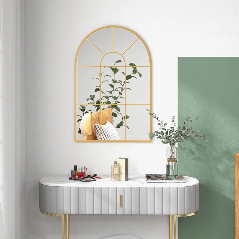 HOMCOM Miroir mural en métal cadre doré en forme de voûtée – 91 x 60 cm – décoration pour entrée ,chambre à coucher, salon