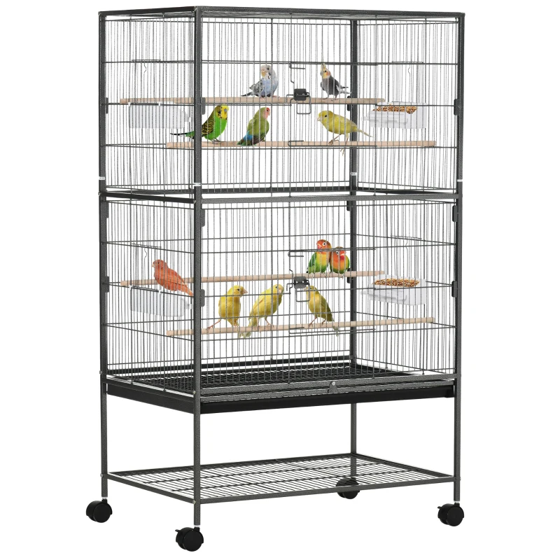 PawHut Cage à oiseaux sur pied volière oiseaux intérieur 4 perchoirs en bois et mangeoires fil d'acier gris foncé