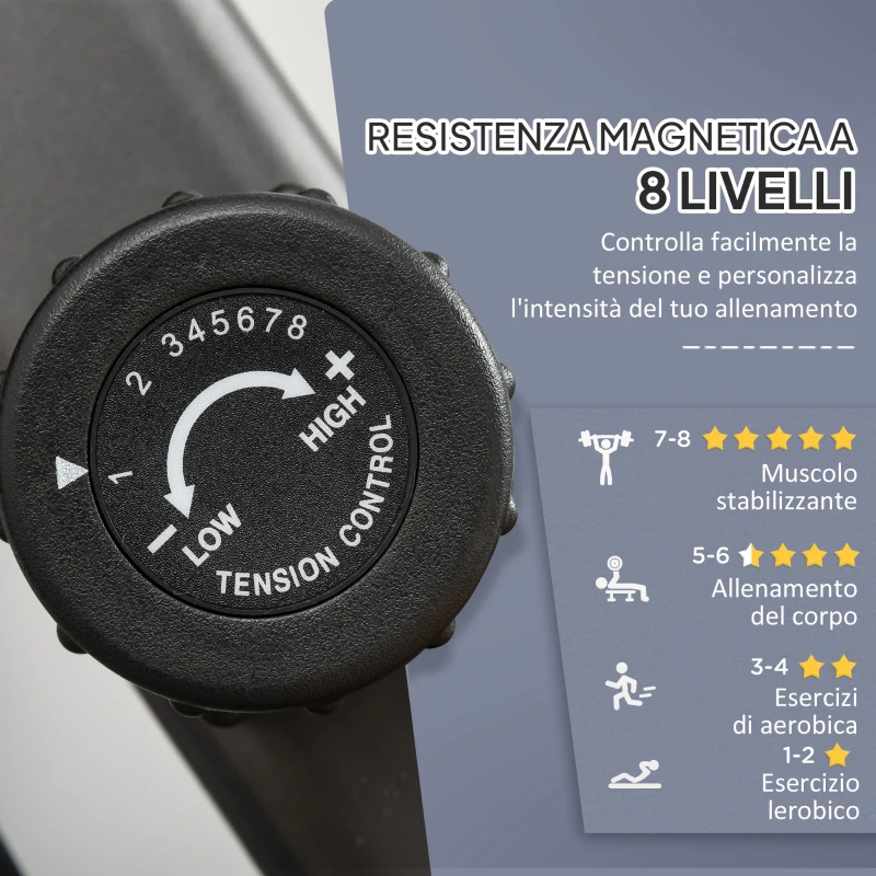HOMCOM Cyclette Orizzontale Magnetica 8 Resistenze, Display LCD, Sedile Regolabile ed Elastici per Braccia
