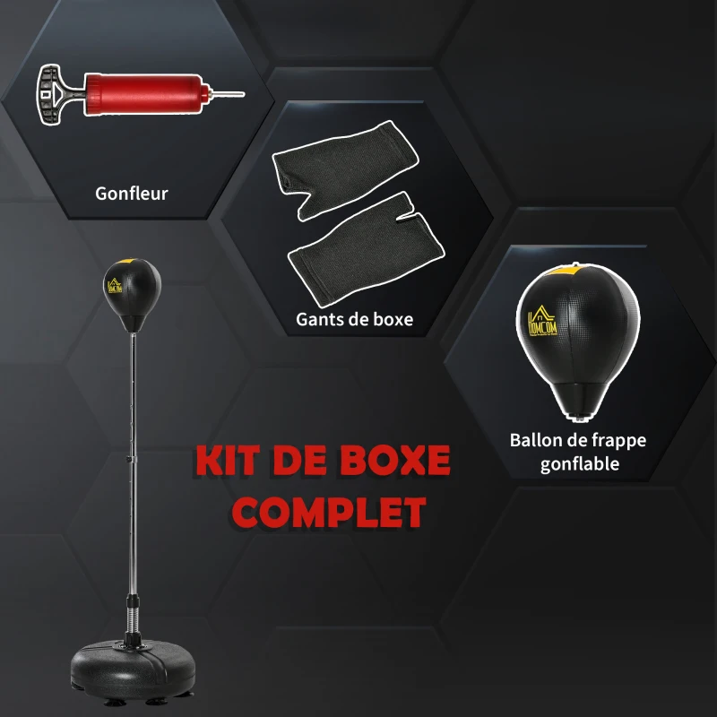 HOMCOM Punching ball sur pied réglable hauteur 133 -151 cm, sac de frappe sur pied 2 gants base lesté 45 x 45 x 133-151 cm noir