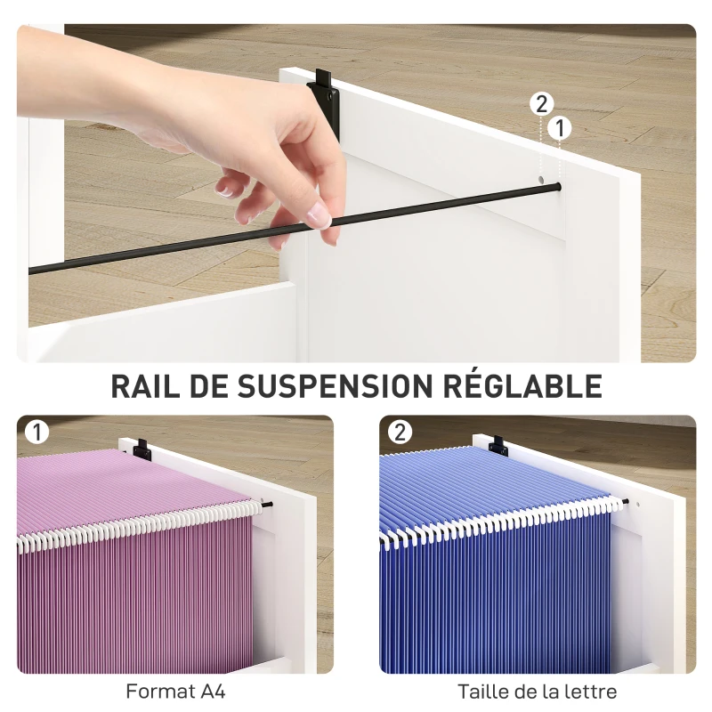 HOMCOM Caisson bureau, meuble rangement bois 3 tiroirs et serrure, barres de suspension réglables, 40 x 40 x 101 cm, blanc