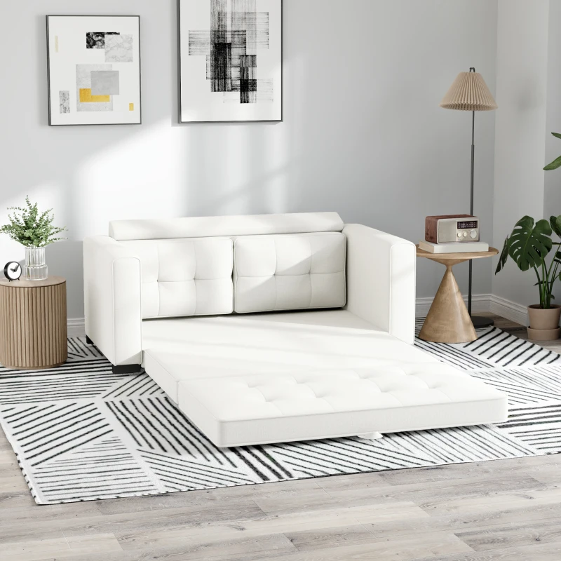 HOMCOM Canapé convertible 2 places canapé-lit avec dossier capitonné, coussins et matelas pliable au sol, blanc