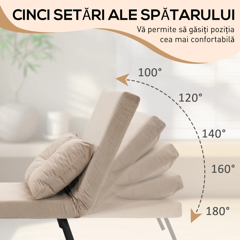 HOMCOM Canapea Extensibilă cu Spătar Reglabil pe 5 Nivele, Canapea Pat Individuală Pliabilă cu Perne, 63x73x81 cm, Negru