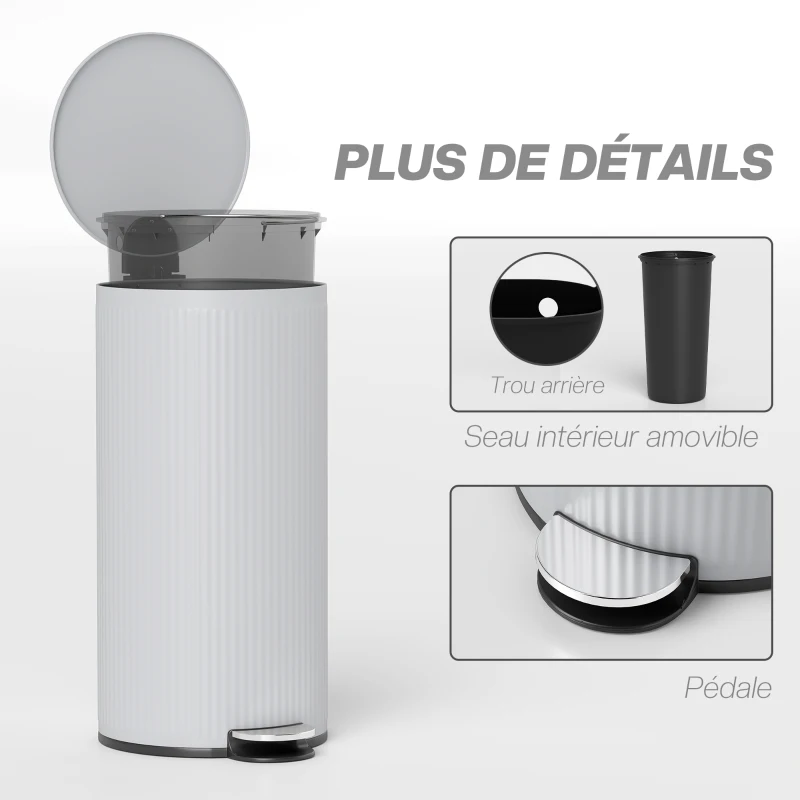 HOMCOM Poubelle cuisine 30L, poubelle à pédale avec seau intérieur amovible, couvercle à fermeture douce, 36x30x60,5cm, gris