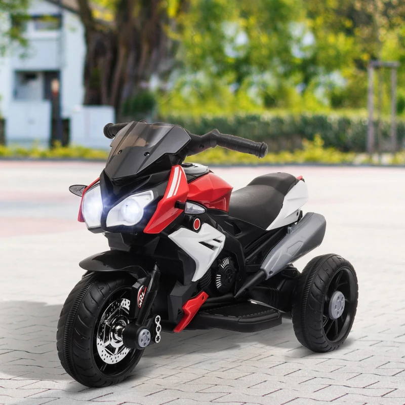 HOMCOM Moto électrique enfants 3 roues 6 V, voiture électrique enfants avec effets lumineux et sonores, vitesse max. 3 km/h, pour 3 à 5 ans, charge max. 25 kg, noir et rouge(m-10)