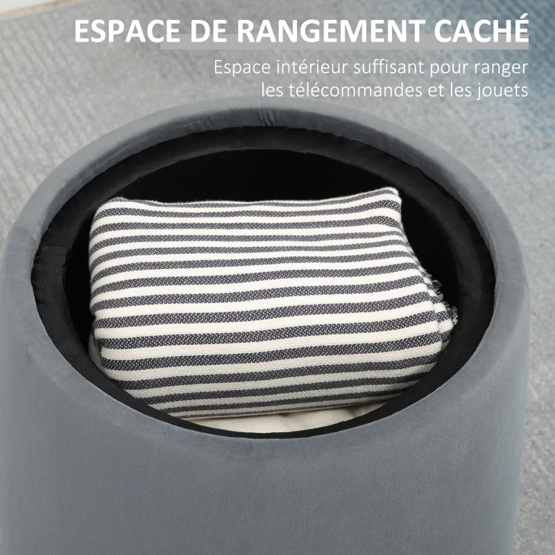 HOMCOM Pouf coffre rangement, pouf repose-pieds en tissu velours givré, couvercle réversible, Ø 44 x 47,5 cm, gris