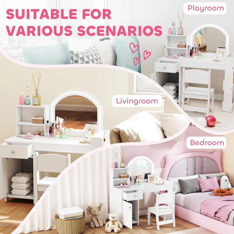 AIYAPLAY Kids Vanity Table and Chair Set, Girls Dressing Table with 2-Colour LED Mirror, Stool, Cabinet, Drawer, Shelves, White
