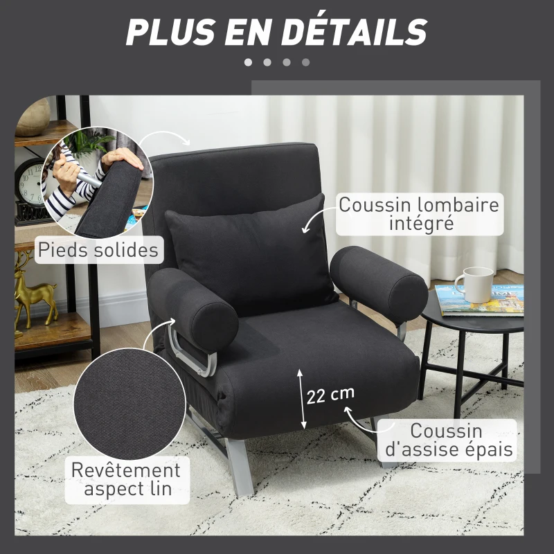 HOMCOM Fauteuil chauffeuse canapé-lit Convertible inclinable 1 Place Coussin lombaires accoudoirs piètement métal Lin Noir