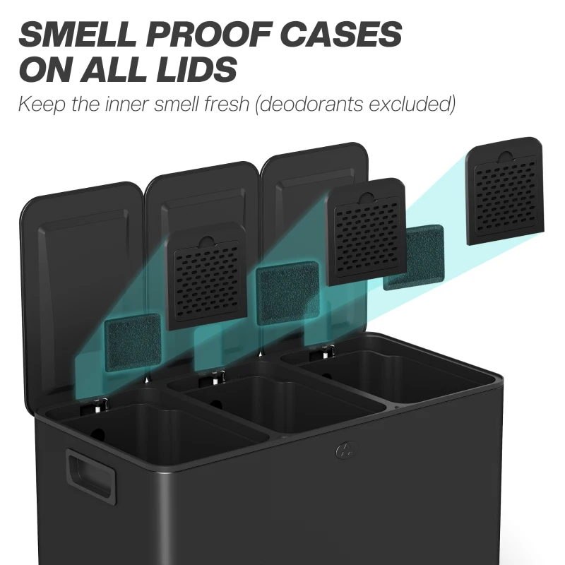HOMCOM 3 x 15L Pedal Bin, Steel Triple Kitchen Bin with Soft Close Lid, Removable Inner Buckets, Fingerprint-Proof, Black