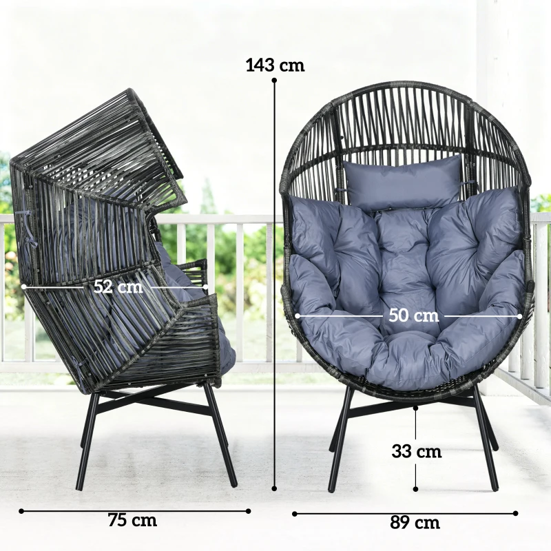 Outsunny String Rattan Egg Chair, with Padded Seat Cushion - Grey/Black