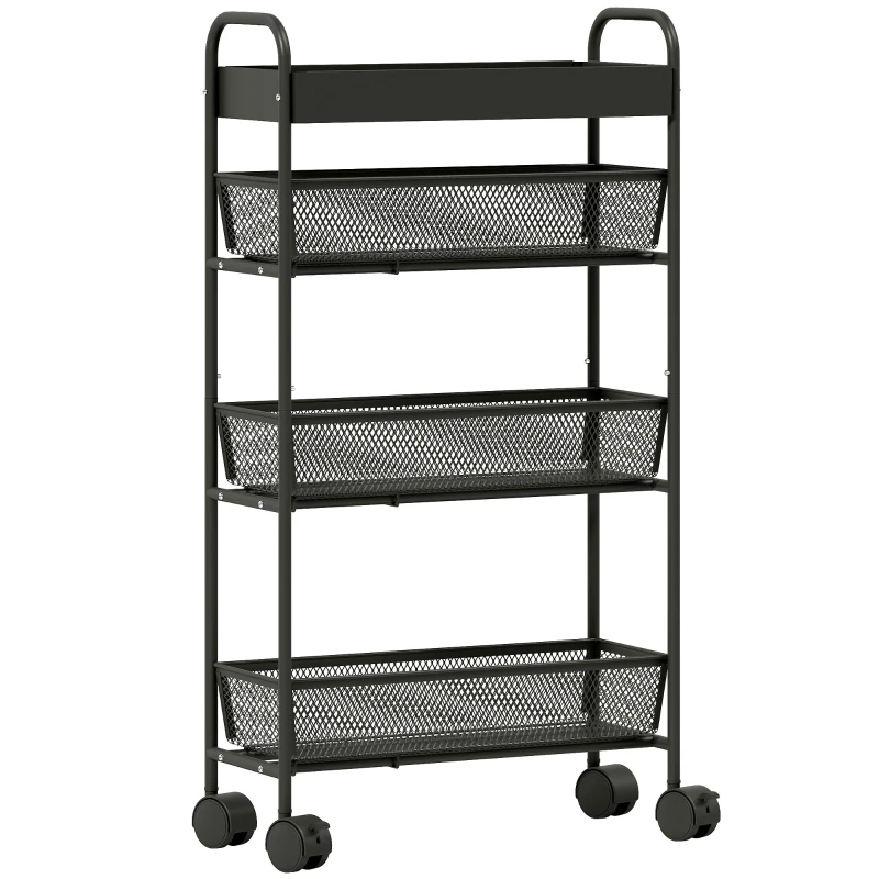 HOMCOM Chariot de rangement à 4 niveaux, desserte à roulettes, 3 paniers coulissants, panier supérieur 19 x 43,2 x 80 cm noir