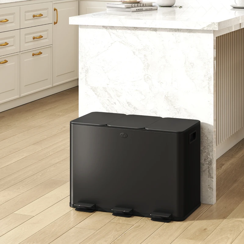 HOMCOM 3 x 15L Pedal Bin, Steel Triple Kitchen Bin with Soft Close Lid, Removable Inner Buckets, Fingerprint-Proof, Black