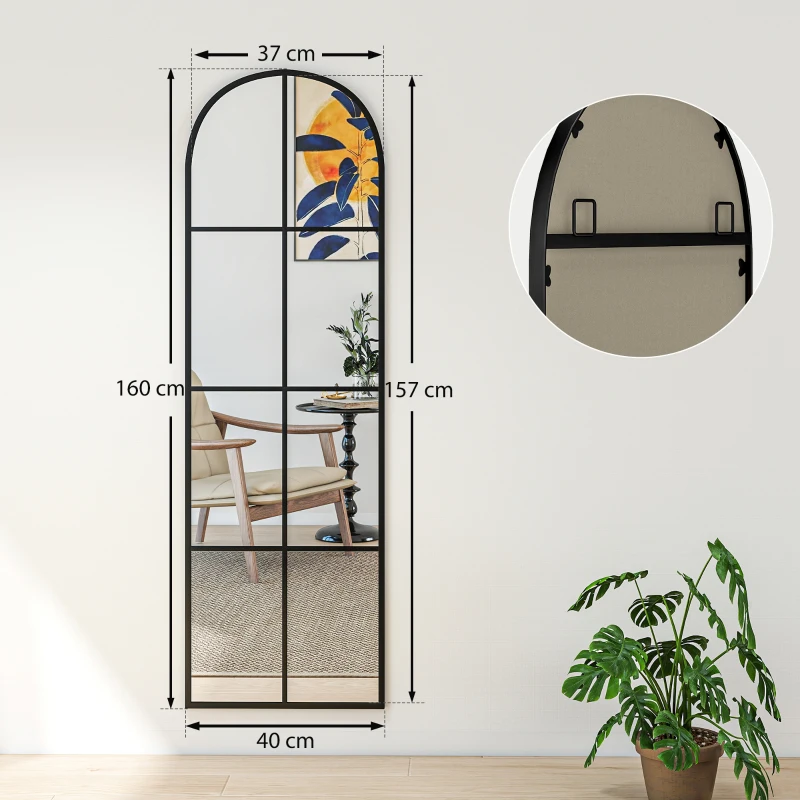 HOMCOM Espelho de Pé ou Apoiado na Parede Espelho com Forma de Janela e Moldura de Metal para Dormitório Entrada Sala 40x160 cm Preto