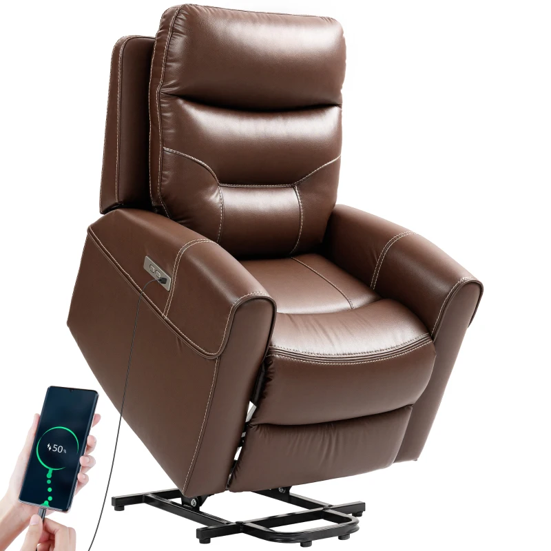 HOMCOM Power Lift Recliner Chair for Elderly, Overstuffed Faux Leather Riser and Reclining Chair with USB A+C Ports, Recliner Armchair for Living Room, Brown